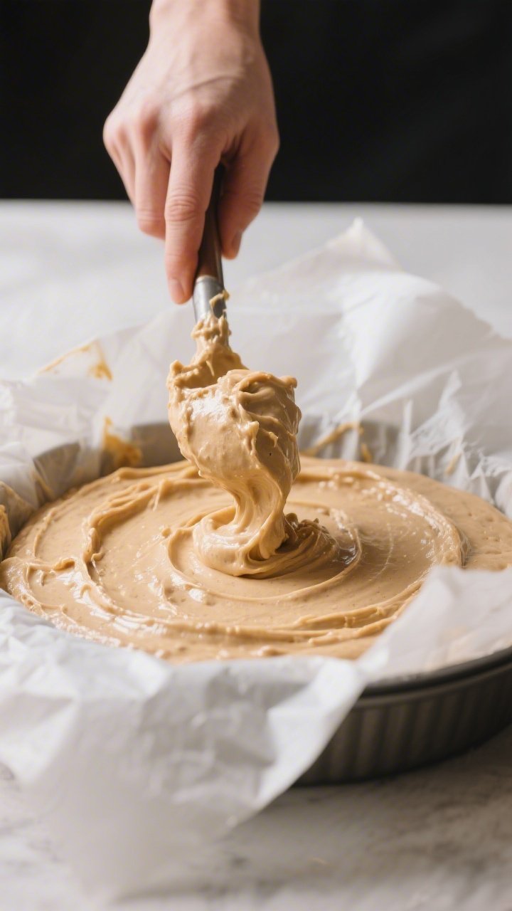Process-action shot of the thick, scoopable batter being smoothed into a parchment-lined