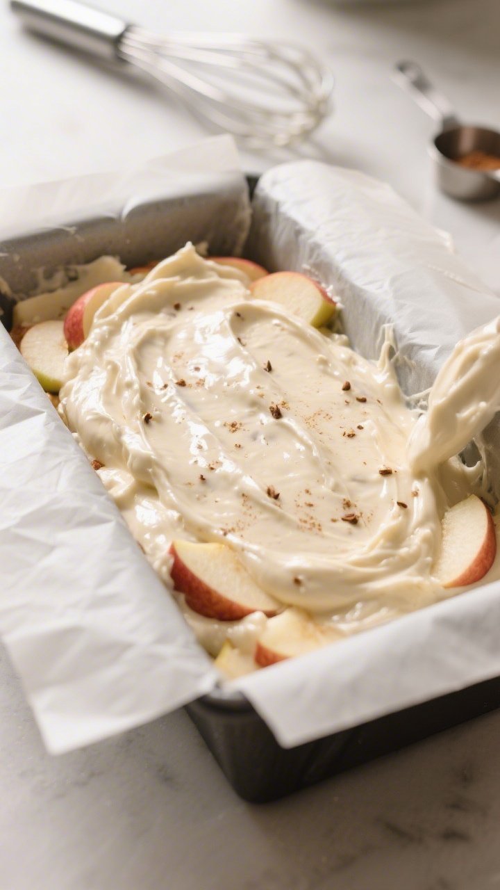 Process-focused, three-quarter angle shot of the thick, spreadable batter being smoothed into a parc
