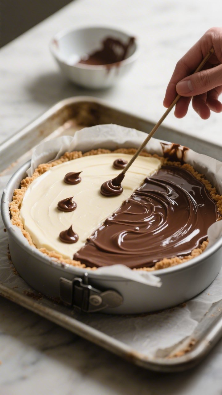 Process shot, three-quarter angle, of the assembly stage: two-thirds of the cheesecake batter alread