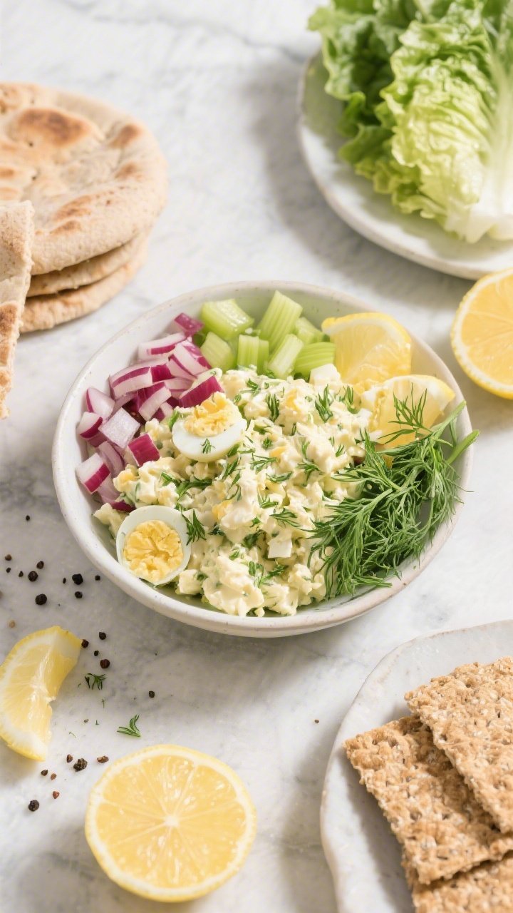 Tasty meal-prep/serving variety: Overhead shot of a chilled bowl of Lemon Dill Egg Salad surrounded 