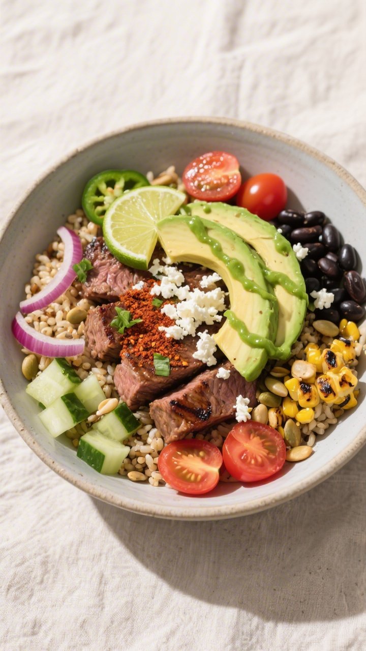 Tasty top view (final dish): Overhead shot of Grilled Steak and Avocado Power Bowl—bed of quinoa a