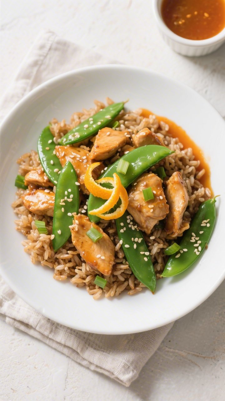 Tasty top view final dish: Overhead shot of Healthy Orange Chicken Stir Fry with Snow Peas served ov