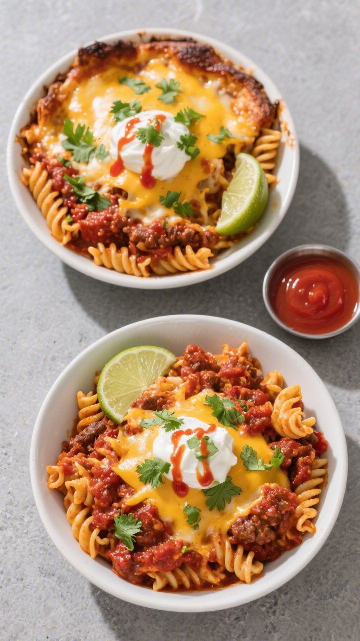 Tasty top-view final dish: Overhead shot of the finished Cheesy Beef Chili Pasta Bake portioned into