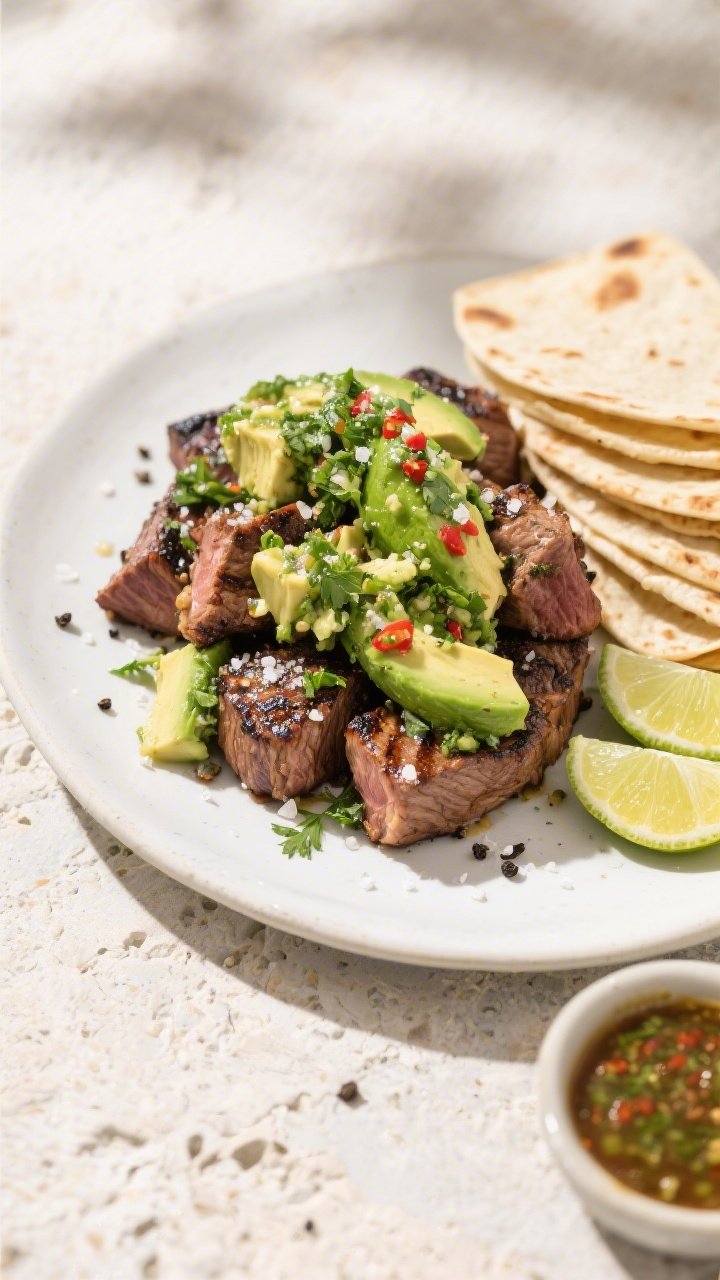 Tasty top view, final presentation: Overhead shot of grilled steak bites piled on a matte white plat