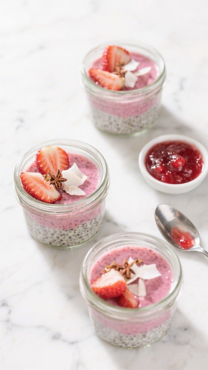 Tasty top view for meal prep: Overhead shot of three assembled grab-and-go jars of rhubarb chia pudd