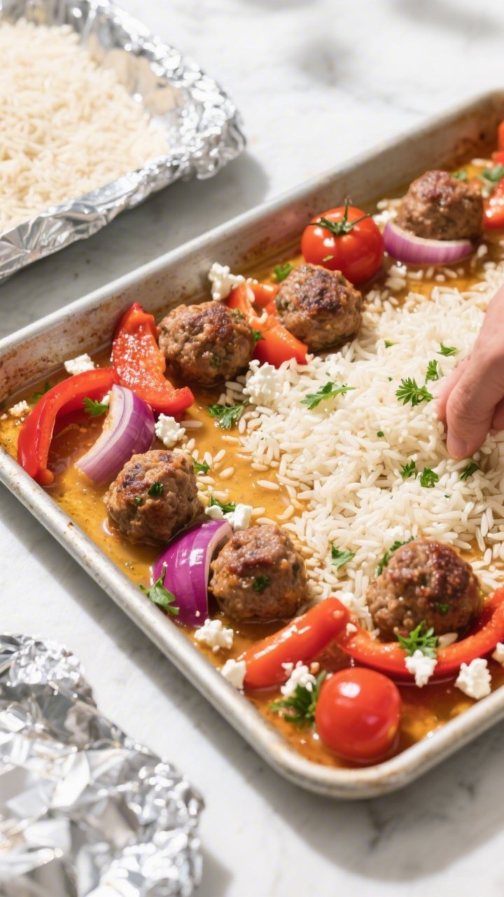Tasty top view, mid-cook technique: Overhead shot of the sheet pan right after adding rinsed basmati