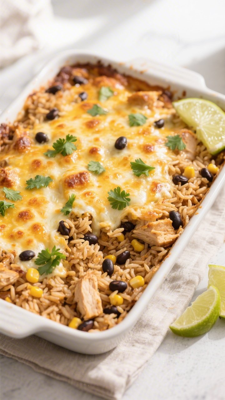 Tasty top view, overhead casserole: Overhead shot of the baked Chicken Taco Light Rice Casserole in