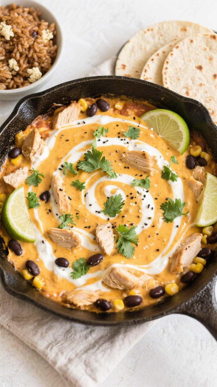 Tasty top view, overhead: Overhead shot of finished High Protein Chicken Queso Skillet, ultra-creamy