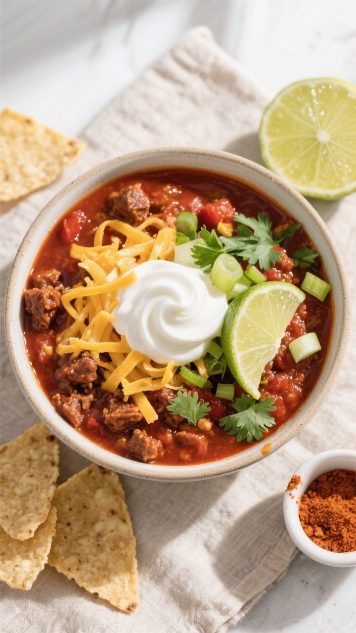 Tasty top view: Overhead shot of a bowl of Fire-Roasted Tomato Beef Chili styled for serving—rich,