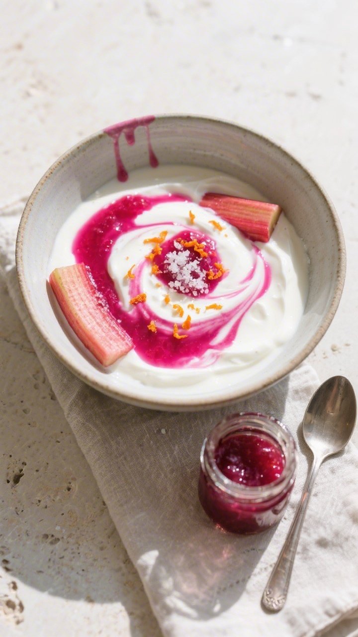Tasty top view: Overhead shot of a breakfast bowl—thick Greek yogurt swirled with vibrant rhubarb