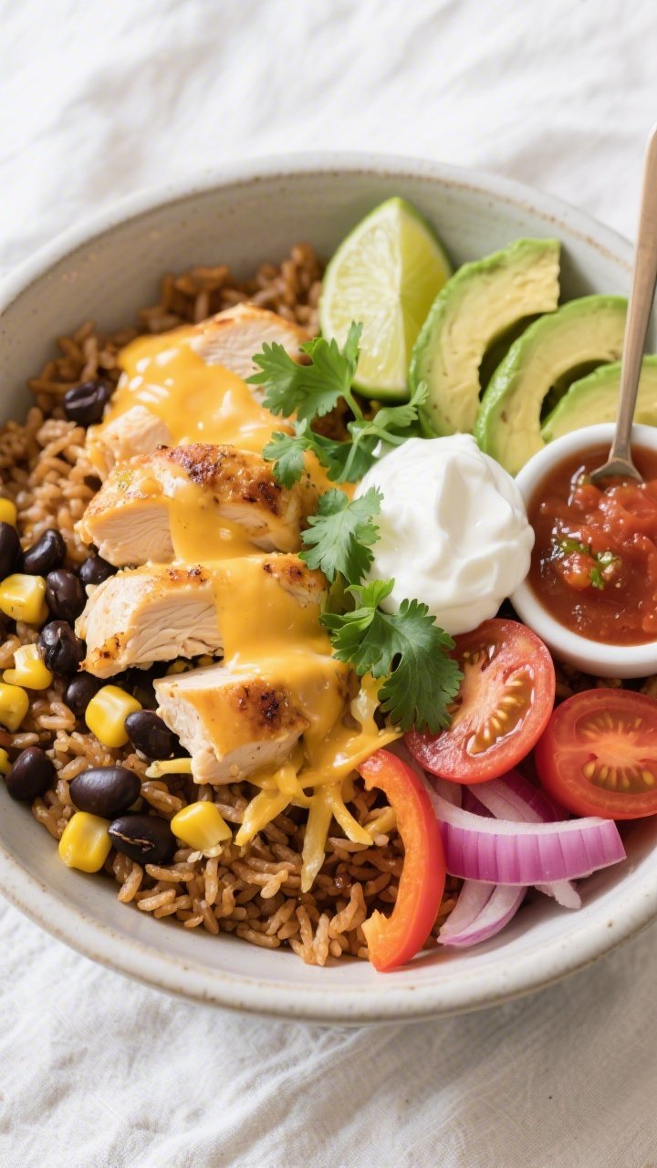 Tasty top view: Overhead shot of a Chicken Taco Protein Bowl built on warm brown rice, topped with s