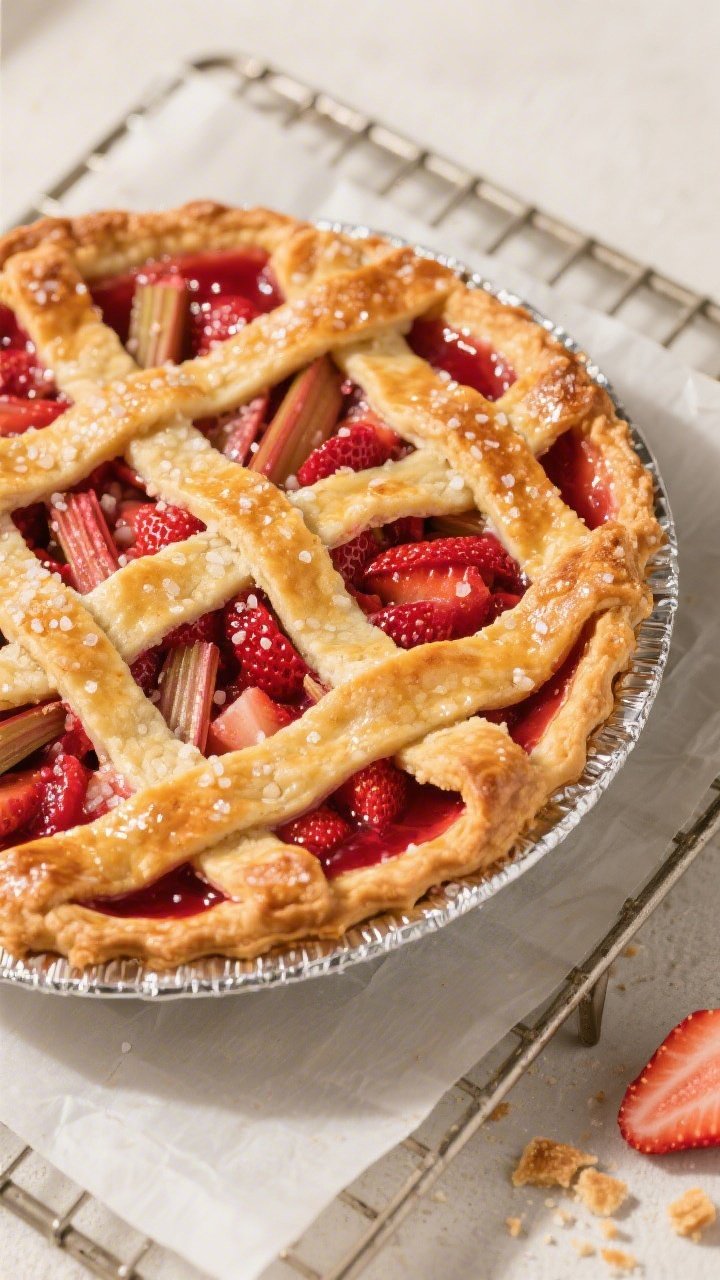 Tasty top view — Overhead shot of a fully baked strawberry rhubarb pie on a cooling rack: deep gol
