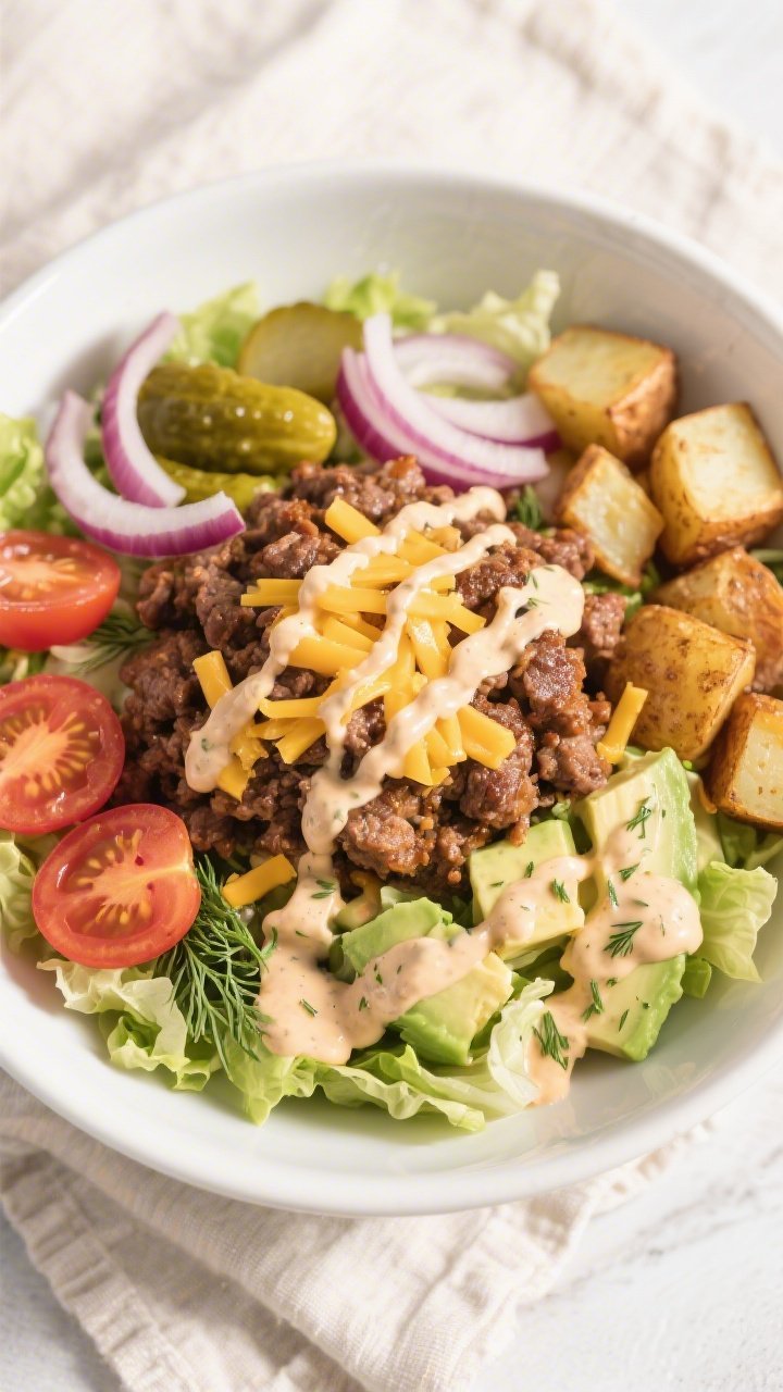 Tasty top view: Overhead shot of a High-Protein Cheeseburger Bowl assembled over crisp chopped romai