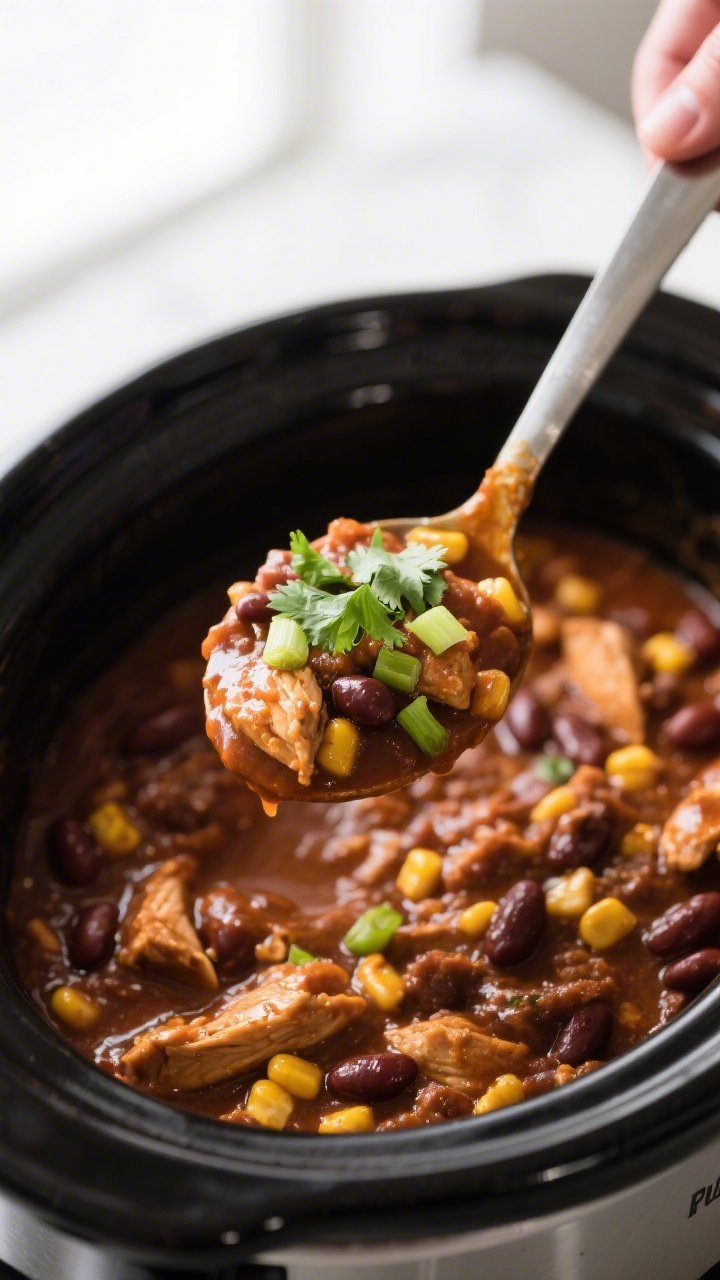 Tasty top view: Overhead shot of a ladle hovering over the slow cooker, scooping a hearty portion of