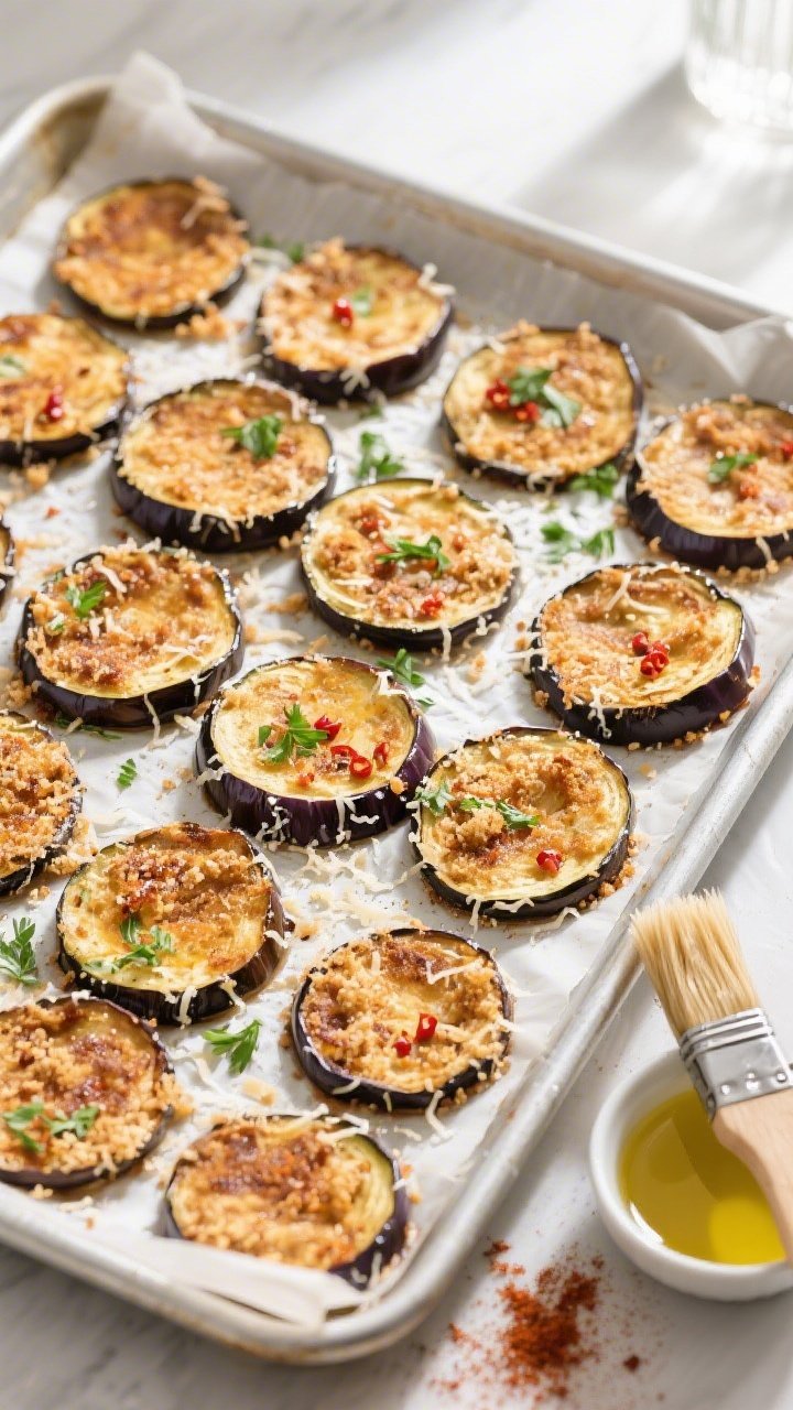 Tasty top view: Overhead shot of a parchment-lined sheet pan filled with evenly spaced, baked eggpla