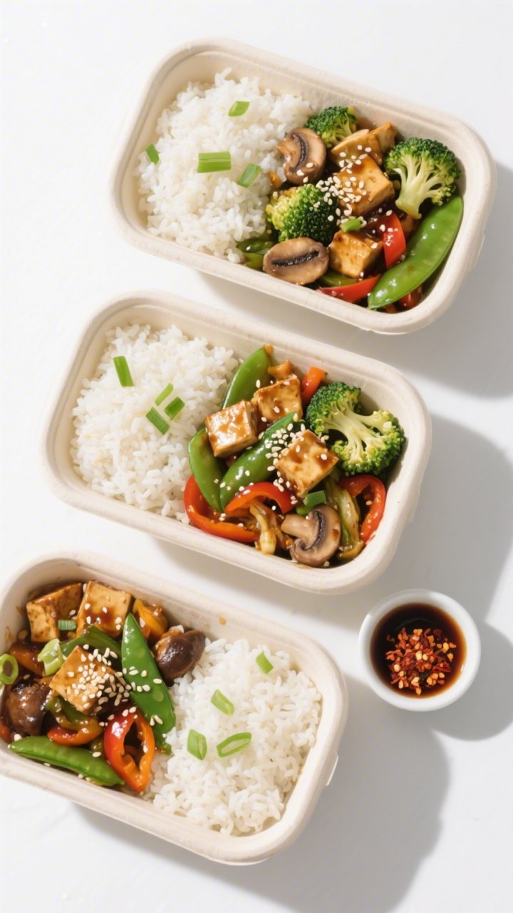 Tasty top-view: Overhead shot of assembled teriyaki rice bowls for meal prep—three containers fill