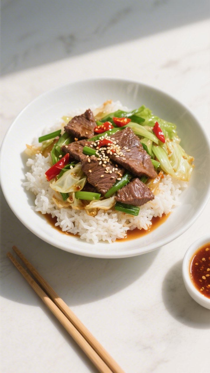 Tasty top view: Overhead shot of Chili Garlic Beef & Cabbage Stir Fry served over fluffy jasmine ric