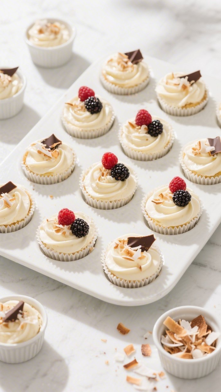 Tasty top view: Overhead shot of Coconut Cream Keto Cheesecake Cups fully set and garnished—each c