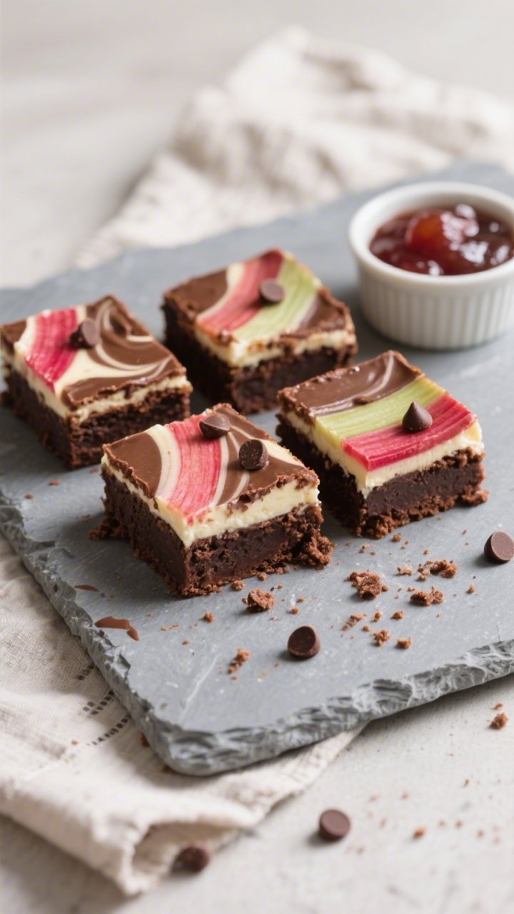 Tasty top view: Overhead shot of neatly cut brownie squares on a cool gray stone board, showcasing c