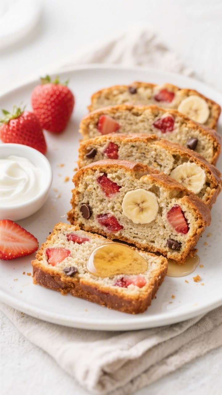 Tasty top view: Overhead shot of neatly sliced strawberry protein banana bread arranged slightly fan