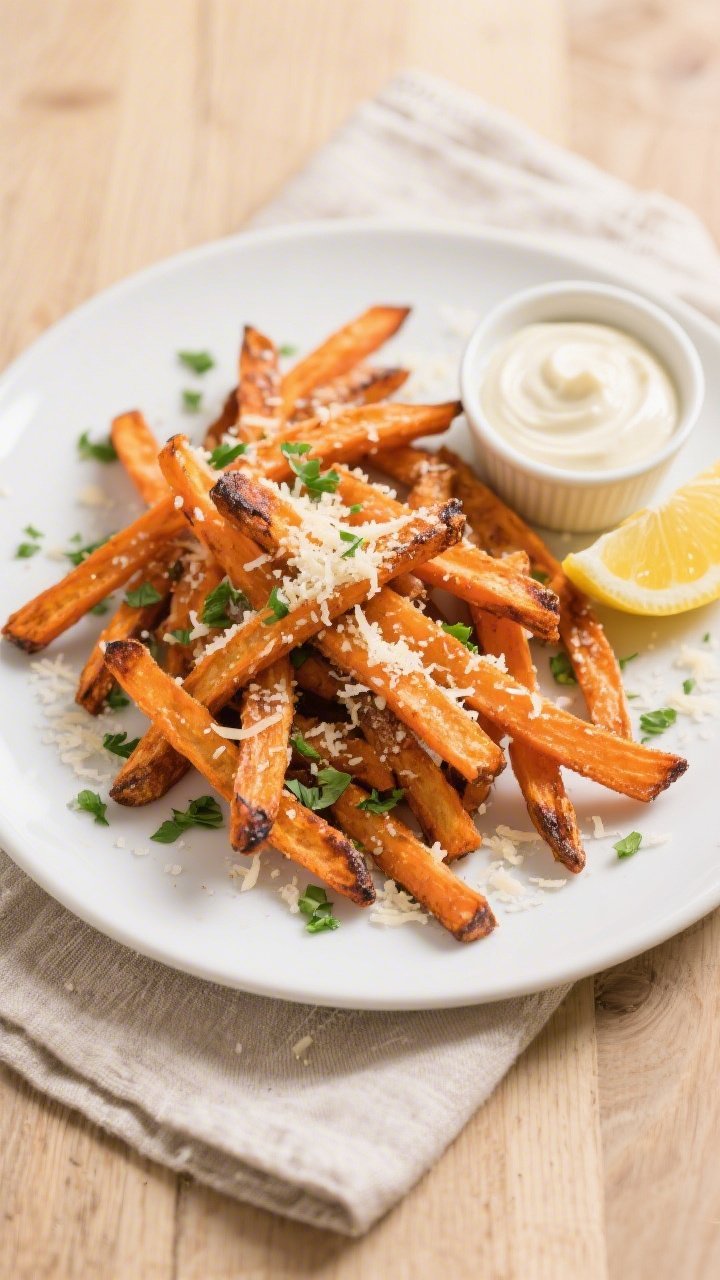 Tasty top view: Overhead shot of Roasted Parmesan Carrot Fries arranged in a loose pile on a matte w
