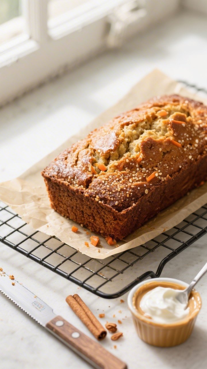 Tasty top view: Overhead shot of the baked apple carrot cinnamon loaf cooling on a wire rack with pa
