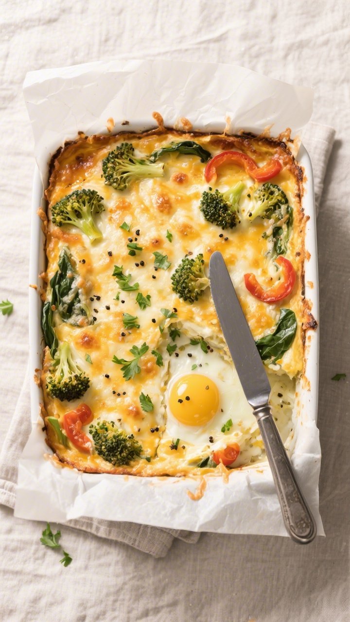 Tasty top view: Overhead shot of the baked High-Protein Veggie Cheese Egg Bake in a 9x13 dish — go