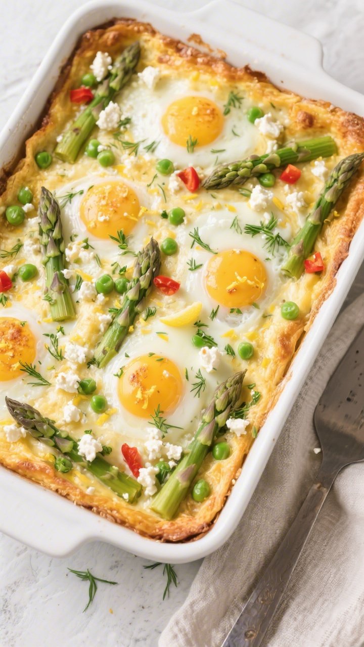 Tasty top view: Overhead shot of the baked Spring Healthy Breakfast Casserole in a 9x13 dish—golde