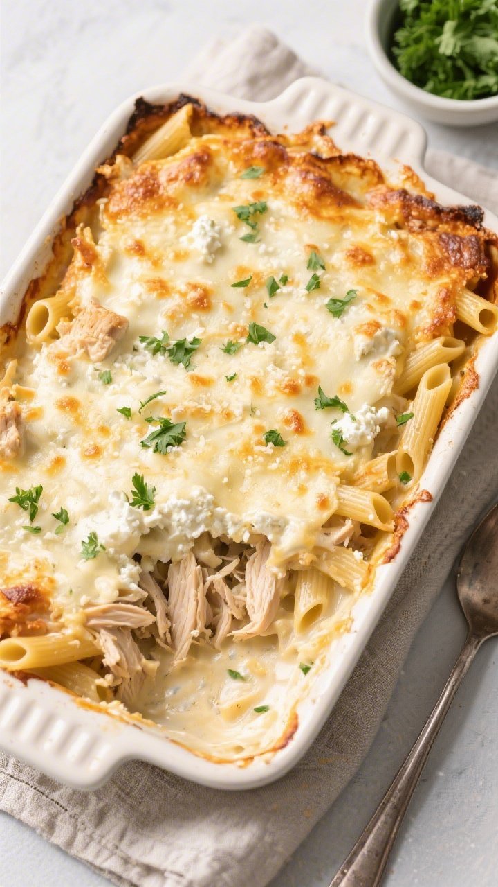 Tasty top view: Overhead shot of the Chicken Alfredo Cottage Cheese Pasta Bake just out of the oven 