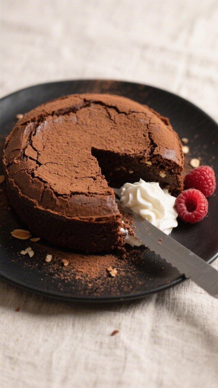 Tasty top view: Overhead shot of the cooled cake inverted onto a matte black platter, evenly dusted