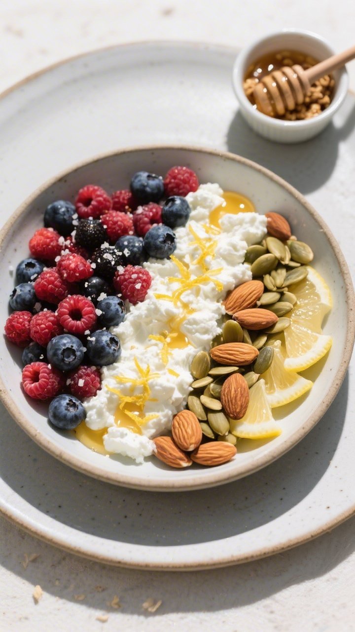 Tasty top view: Overhead shot of the finished Cottage Cheese Honey Berry Snack Bowl, beautifully arr