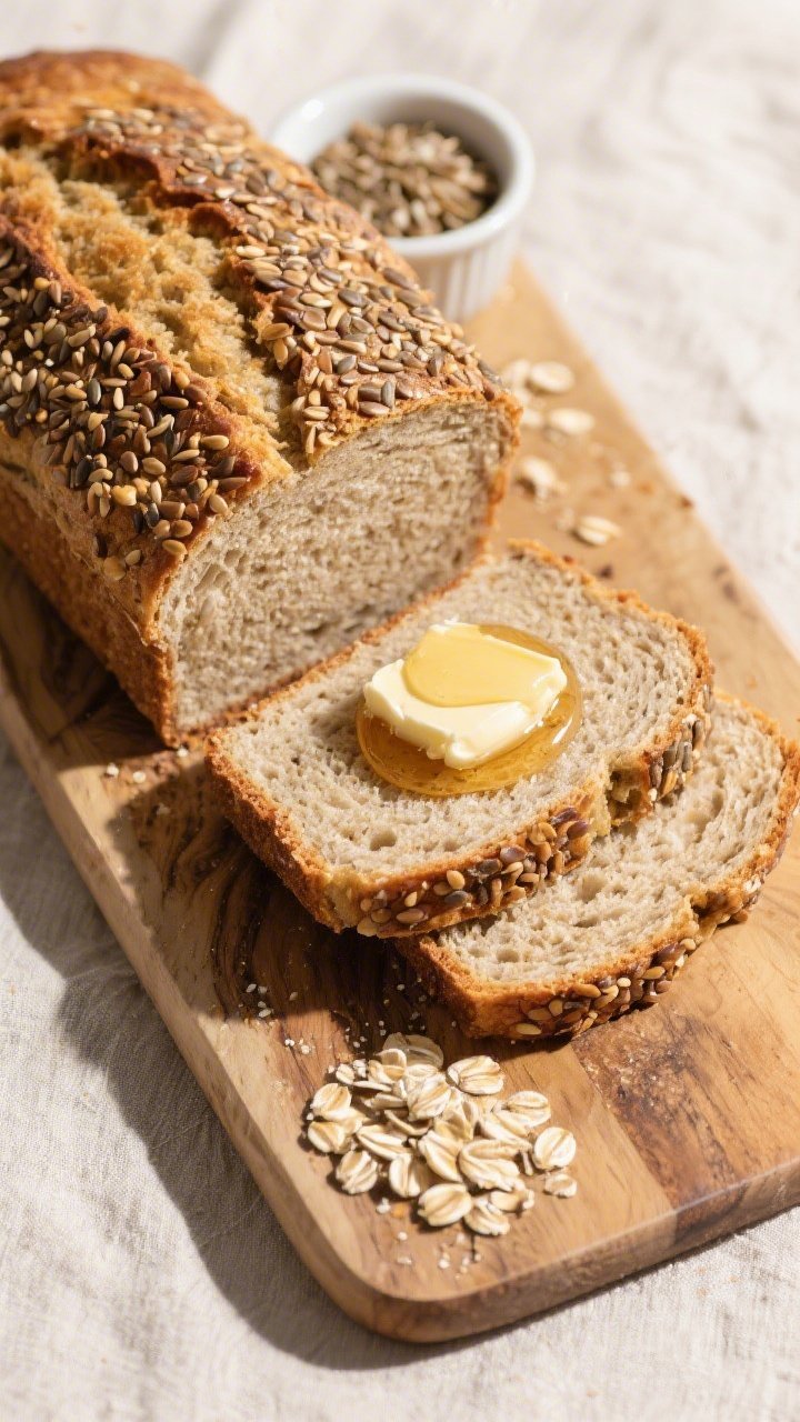 Tasty top view: Overhead shot of the finished flaxseed high-fiber loaf partially sliced, fanned slic
