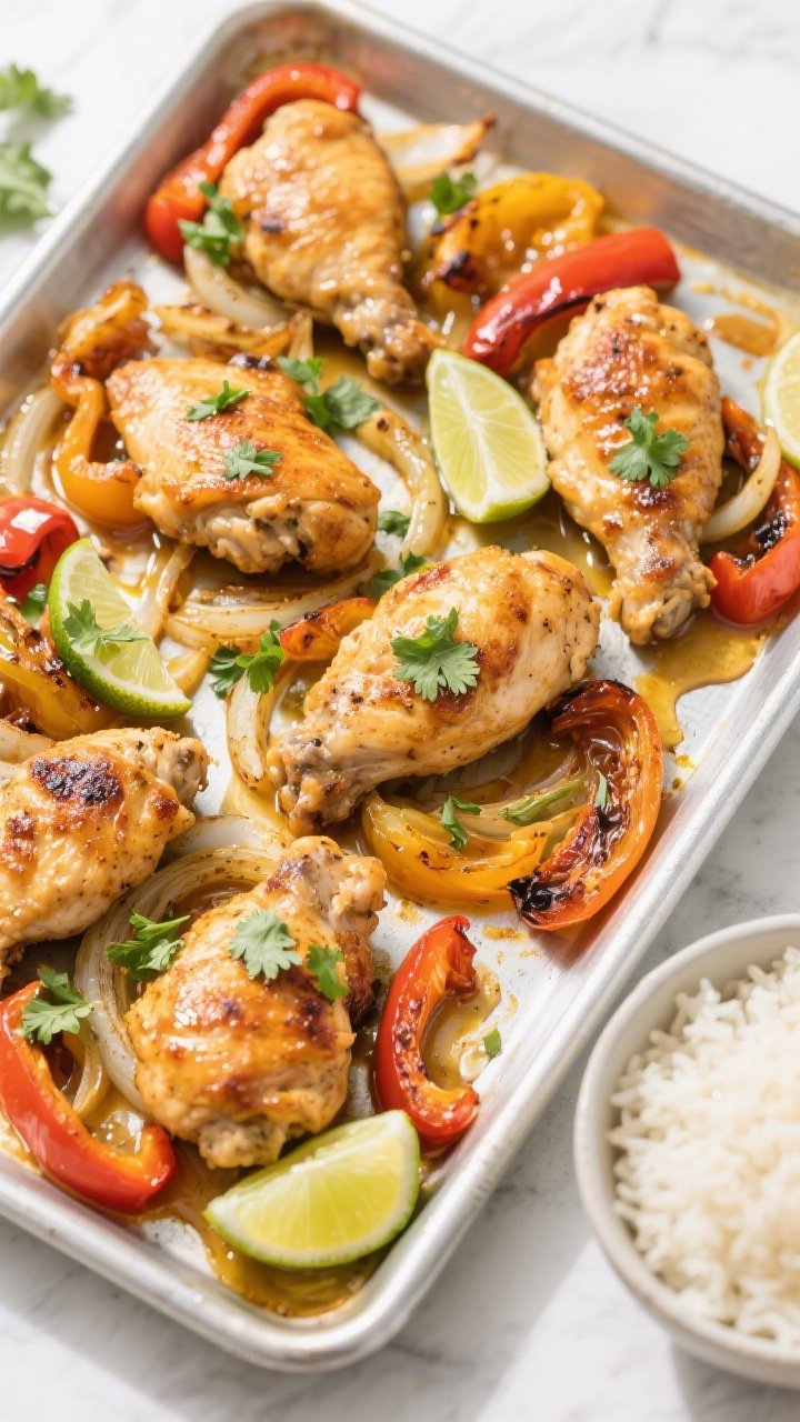 Tasty top view: Overhead shot of the finished Sheet Pan Honey Lime Chicken with Sweet Peppers served