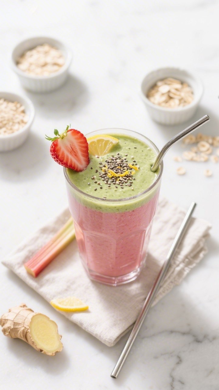Tasty top view: Overhead shot of the finished Strawberry Rhubarb Detox Smoothie in a wide tumbler, t