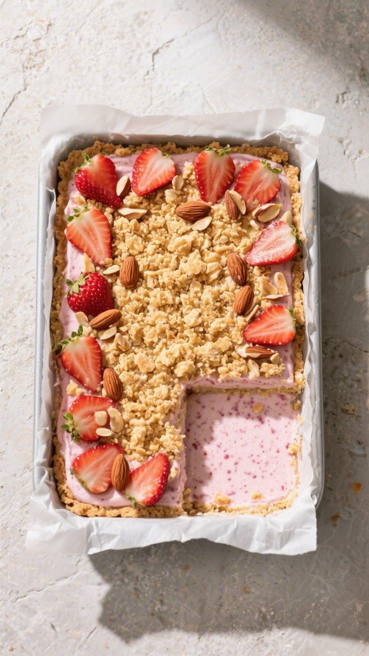 Tasty top view: Overhead shot of the full 9x13 pan lined with parchment, filled with the set, fully 