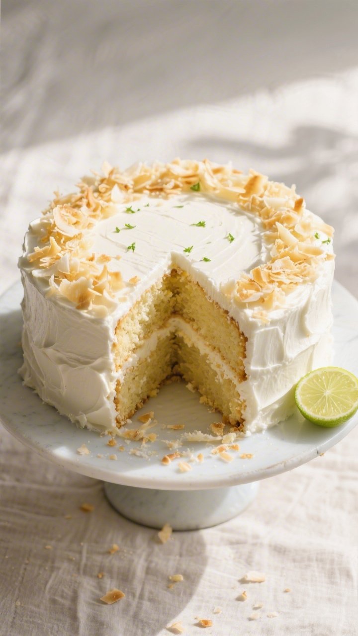 Tasty top view: Overhead shot of the fully assembled two-layer Pineapple Coconut Spring Cake on a si