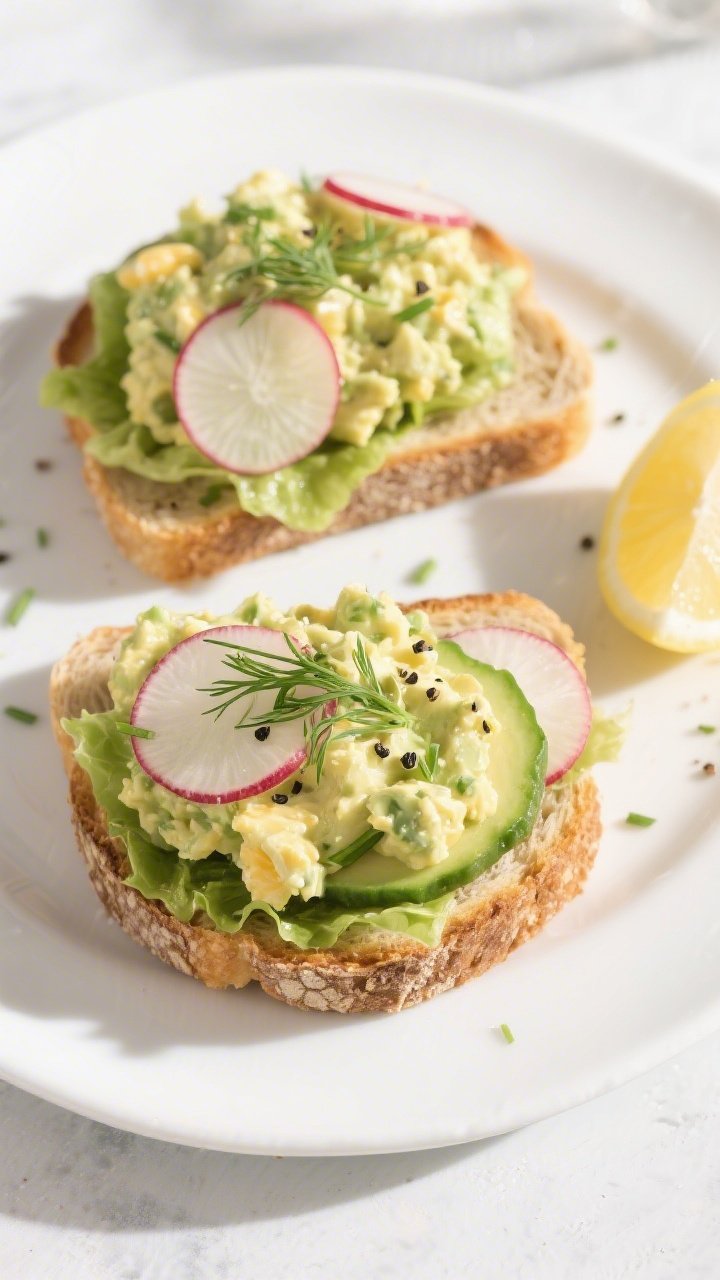 Tasty top view: Overhead shot of two open-faced toasts on a matte white plate—golden lightly toast