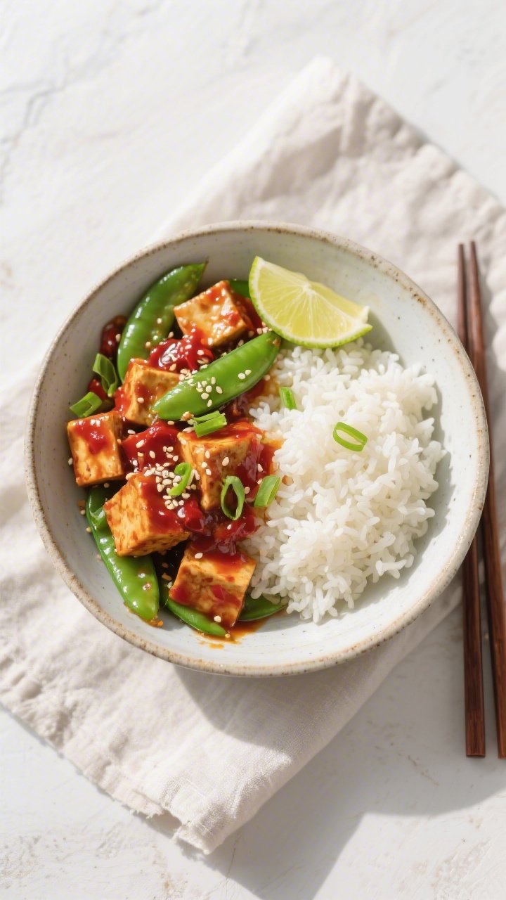 Tasty top view: Overhead shot of Vegan Sweet Chili Tofu with Rice in a wide ceramic bowl—fluffy ja