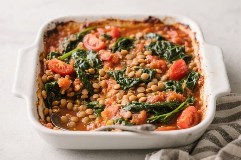 Healthy Dump & Bake Lentil & Spinach Tomato Stew Bake – Easy, Cozy, and Nutritious