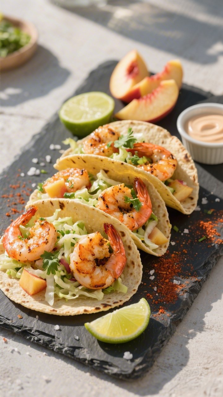 45-degree angle, final plated shrimp tacos on a matte slate platter: chili powder–, smoked paprika–, cumin–, and garlic powder–spiced shrimp with a light char tucked into warm corn tortillas, topped with juicy peach-lime slaw (thinly sliced cabbage with diced ripe peaches, lime zest, and cilantro), a sprinkle of sea salt, and a squeeze of fresh lime; extra peach slices, lime wedges, and a small ramekin of crema nearby; sunlit summer vibe, sharp focus on the glistening shrimp and slaw.
