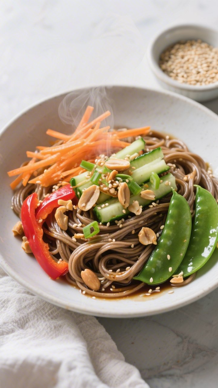 45-degree angle ingredient-to-bowl transition for sesame-ginger soba: a wide shallow bowl twirled with glossy soba noodles in sesame-ginger sauce, topped with crisp shredded carrots, thinly sliced red bell pepper, matchsticked cucumber, sliced scallions, and diagonally cut sugar snap peas; quick peanut crunch sprinkled over, with extra crushed peanuts and a small dish of sesame seeds on the side; subtle steam, lacquered sheen on noodles, clean contemporary styling.