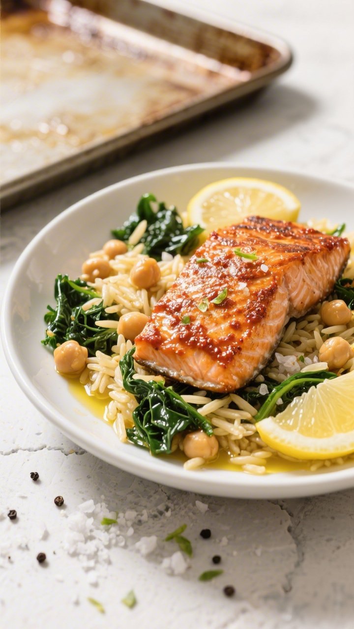 45-degree angle plated presentation of one-pan harissa salmon: crisped skin-on salmon fillets lacquered with a glossy harissa paste, nestled on lemony orzo studded with chickpeas and ribbons of wilted kale. Drizzle of olive oil, coarse kosher salt crystals visible, black pepper flecks, thin lemon slices and zest scattered for brightness. Set in a wide shallow white bowl on a light stone surface with a sheet pan just behind it hinting at the one-pan cook method. Bright, natural daylight to make the salmon’s char and the orzo glisten.