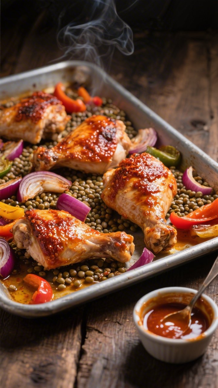 45-degree angle sheet-pan scene of harissa-glossed boneless skinless chicken thighs roasting alongside colorful vegetables and lentils: thighs brushed with a harissa paste, olive oil, honey, ground cumin, and smoked paprika mixture, edges caramelized. Scatter cooked lentils on the pan to catch pan juices, plus roasted veg like red onion wedges and bell pepper strips. A small ramekin of extra harissa and a spoon with sticky glaze nearby. Warm, moody lighting to emphasize char and spice; steam subtly visible, metal sheet pan on a rustic wood table, focus on glossy, spicy finish.