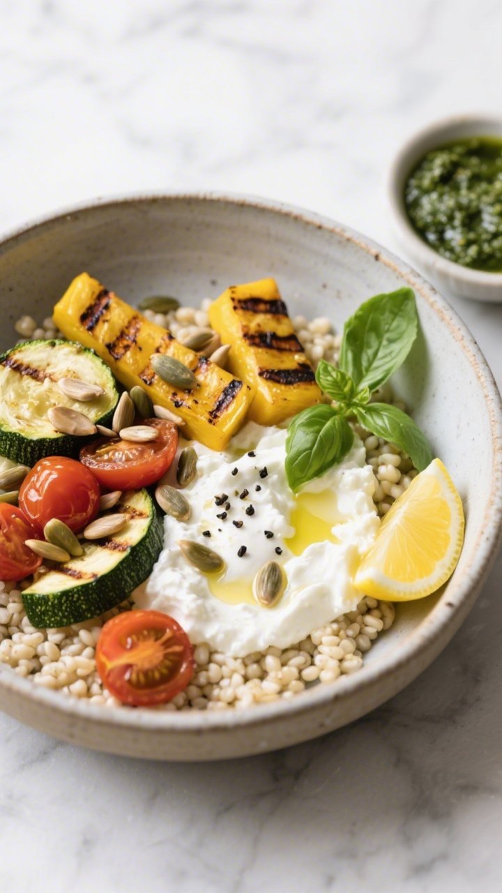 45-degree hero shot of a Creamy Cottage Cheese Pesto Bowl with Grilled Veggies and Crunchy Seeds: whipped cottage cheese blended with basil pesto and a squeeze of lemon as a creamy base, topped with pearl couscous, grill-marked zucchini planks and yellow squash, blistered cherry tomatoes, and a sprinkle of toasted pumpkin and sunflower seeds for crunch. Drizzle of olive oil, fresh basil leaves, and cracked black pepper. Styled in a shallow stoneware bowl on a light marble surface with a small dish of extra pesto and a lemon wedge.