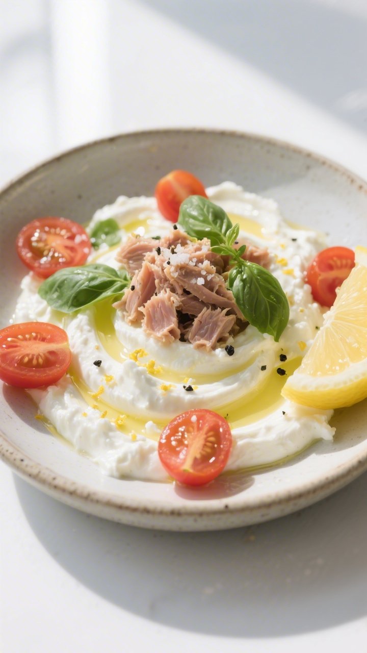 45-degree plated presentation of a creamy cottage cheese caprese with lemon-tuna power: very cold cottage cheese swirled with lemon juice, lemon zest, and a ribbon of extra-virgin olive oil, sprinkled with kosher salt; topped with juicy cherry tomato halves, torn fresh basil, and a mound of flaky tuna; drizzled with more olive oil and a crack of black pepper; served in a shallow stoneware bowl with a lemon wedge on the side; cool summer vibe, clean white backdrop, soft window light highlighting gloss and curds.