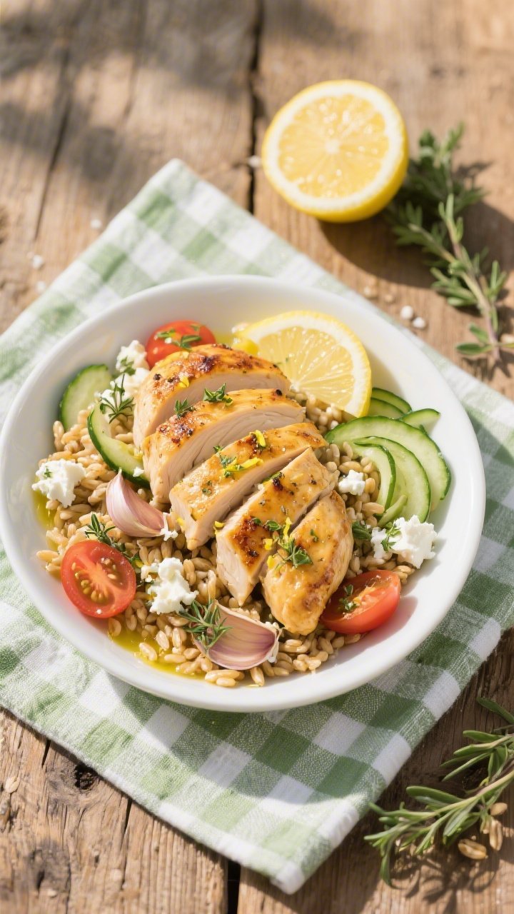 45-degree plated presentation of a Lemon Herb Chicken, Farro, and Feta Bowl: golden seared chicken breasts marinated with lemon zest and juice, garlic, dried oregano, dried thyme, kosher salt, and olive oil, sliced and fanned over warm farro. Toppings include crumbled feta, cucumber ribbons, cherry tomatoes, and a drizzle of lemony olive oil. Fresh picnic vibe with a gingham napkin, bright daylight, and a cut lemon and oregano sprigs in the scene, clean white plate on a rustic wooden table.