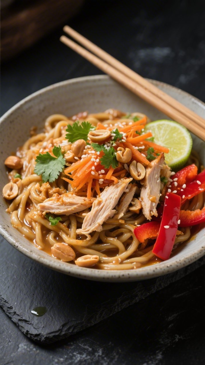 45-degree plated presentation of a no-cook rotisserie chicken peanut noodle bowl: glossy cooked udon/soba/rice noodles tossed in a rich peanut sauce, piled with shredded rotisserie chicken, ribbons of shredded carrots, and thin slices of red bell pepper; garnished with chopped peanuts, cilantro, and lime wedges; sesame seeds and a light chili oil sheen; served in a wide, matte stoneware bowl with chopsticks, on a dark slate surface for contrast, vibrant street-food energy.