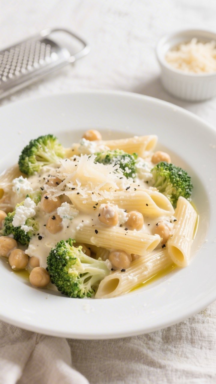 45-degree plated presentation of creamy cottage cheese Alfredo with chickpea penne, broccoli florets folded through a silky cottage cheese–Parmesan–garlic sauce; sauce clinging to ridges of pasta, flecks of black pepper and extra grated Parmesan on top; served in a wide shallow white bowl with a light drizzle of olive oil; bright, airy lighting with a soft linen, microplane, and a small ramekin of grated Parmesan in the background to suggest the light-yet-creamy, high-protein feel.