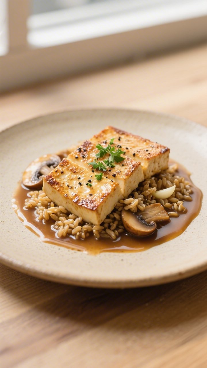 45-degree plated presentation of creamy tofu Marsala: golden pan-seared extra-firm tofu slabs dusted with cornstarch, garlic powder, kosher salt, and black pepper, nestled over garlicky farro; glossy mushroom Marsala sauce pooling around the tofu, garnished with finely chopped parsley; warm neutral ceramic plate on a light wood table, soft window light, visible grain of the farro and silky sauce clinging to tofu edges, shallow depth of field to highlight texture.