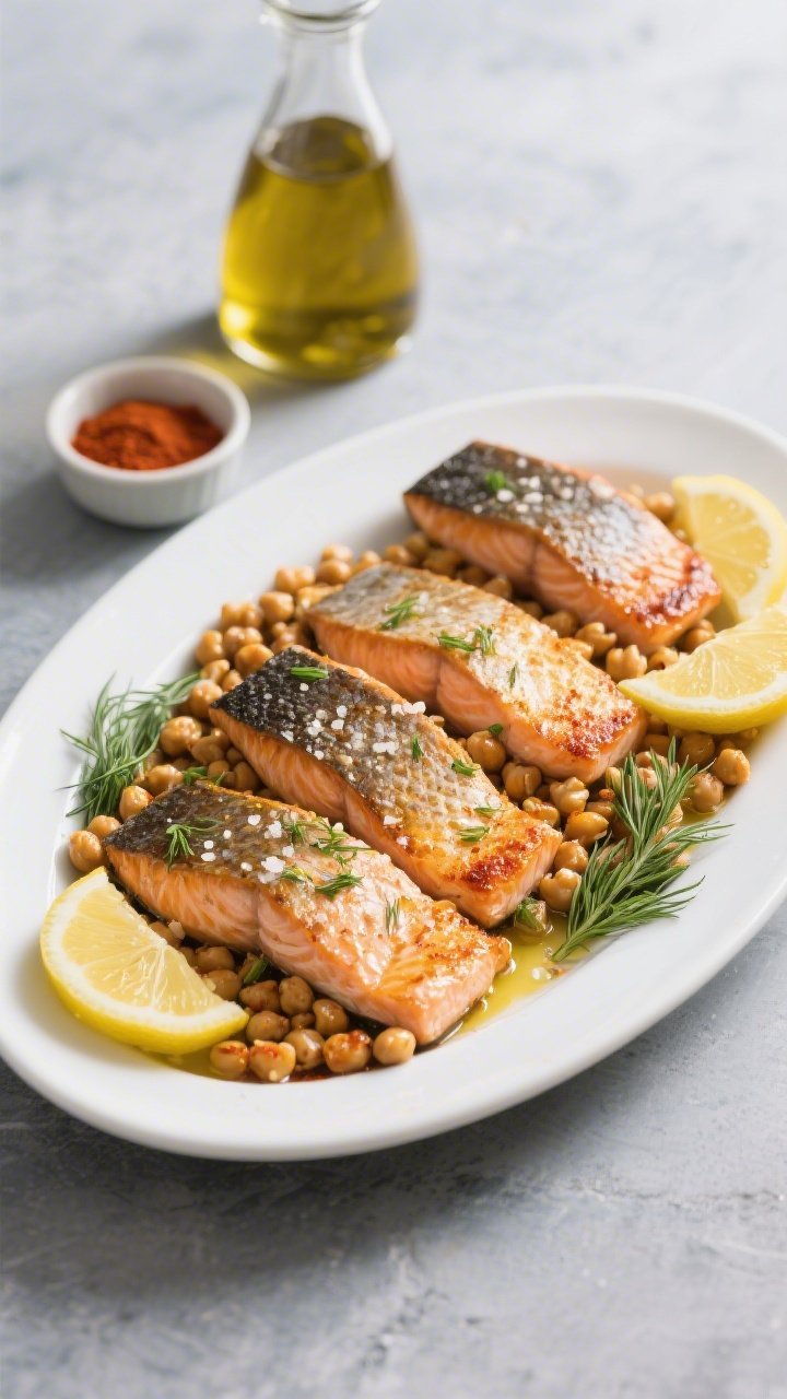 45-degree plated presentation of Zesty Lemon-Dill Salmon with Crispy Chickpeas: four skin-on salmon fillets with golden, crackly skin, flaked sea salt, and lemon-dill zest sprinkled over top; a tumble of paprika-dusted, oven-crisped chickpeas glistening with olive oil; thin lemon rounds and fresh dill fronds for garnish; served on a white rimmed platter over a cool slate background, with a small bowl of smoked paprika and a carafe of olive oil in frame; clean, fresh, weeknight energy.